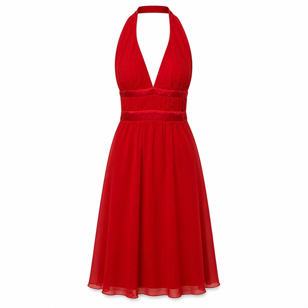 Y2K BCBG Paris Red 100% Silk Babydoll Halter Dress Womens Size 8 Femme Fatale